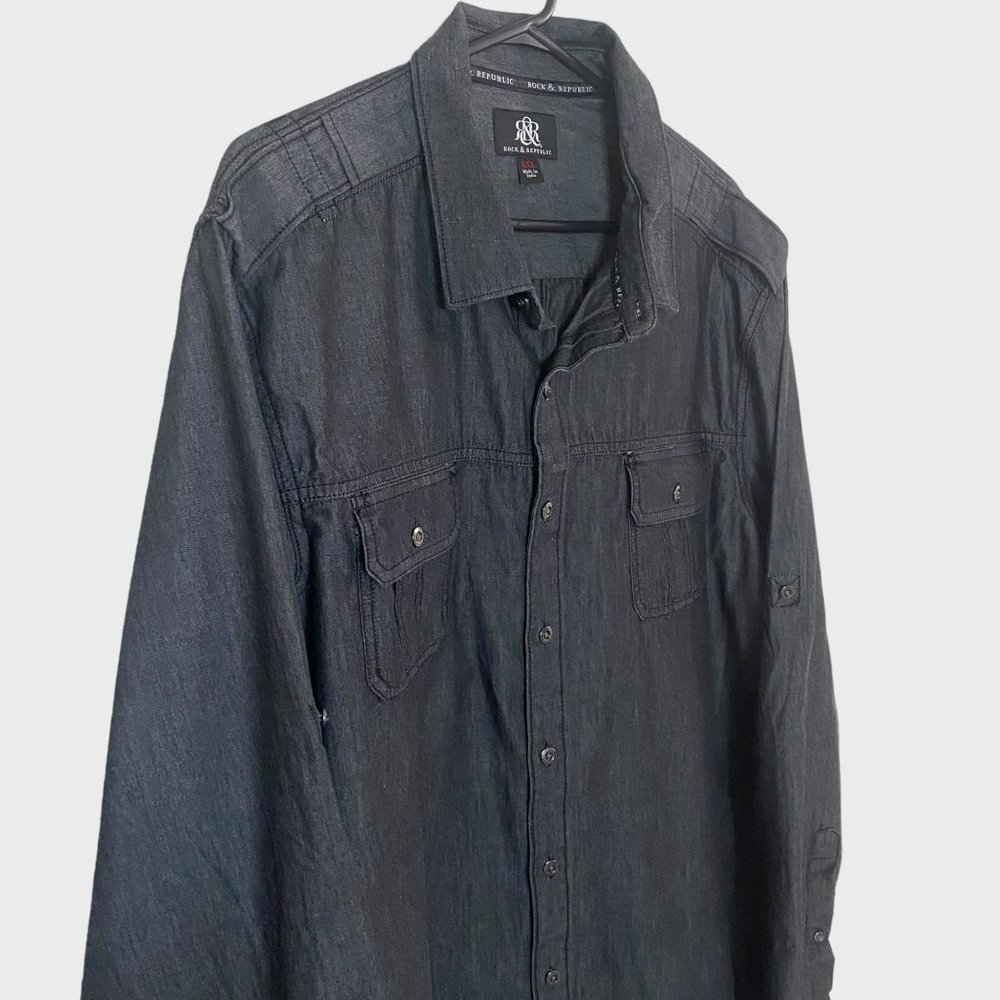 Rock & Republic Button-Up Shirt Mens XXL Dark Gray Denim Casual Long Sleeve - Picture 5 of 15